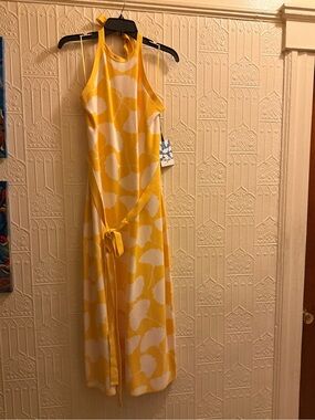 Diane Von Furstenberg Yellow and White Halter Tie-Waist Maxi